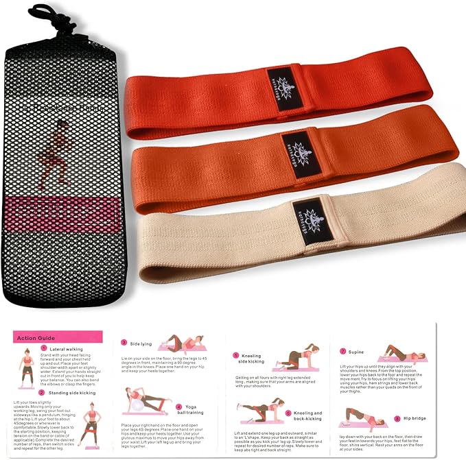 Hatha Yoga Large Resistance Band,14.5" x3.15",Fabric Exercise Loop Bands with Instruction Guide and Carry Bag, Set of 3.