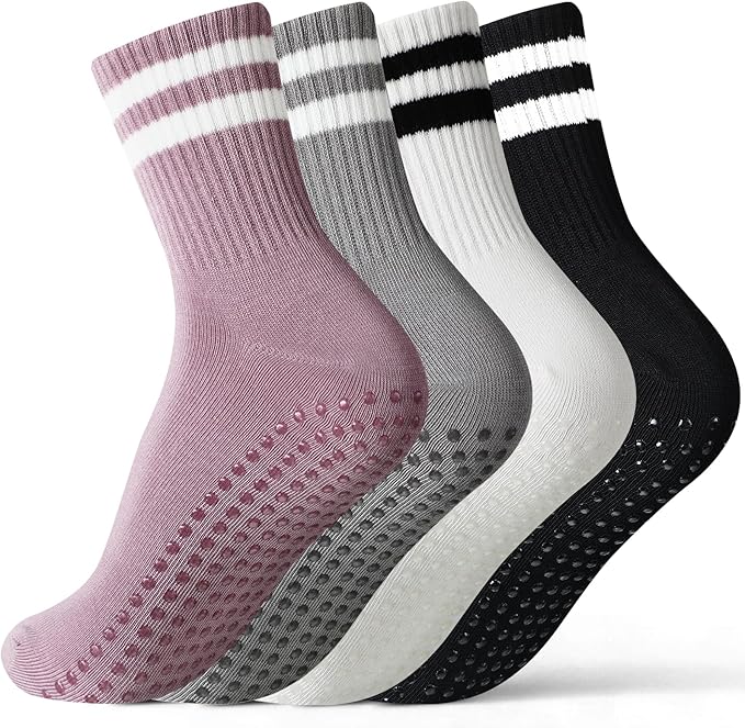 Jeyiour 4 Pairs Womens Pilates Socks with Grip Long Non Slip Yoga Crew Socks for Barre Hospital Home Workout