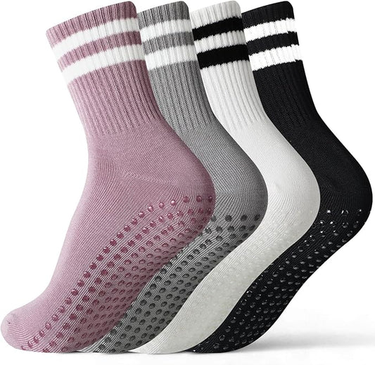 Jeyiour 4 Pairs Womens Pilates Socks with Grip Long Non Slip Yoga Crew Socks for Barre Hospital Home Workout