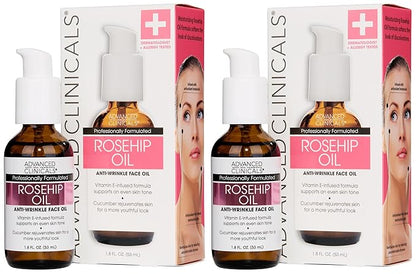Advanced Clinicals Rosehip Oil For Face With Vitamin E + Botanicals Helps Improve Look Of Dark Spots, Wrinkles, Fine Lines, & Uneven Looking Skin Tone | Moisturizing Skin Care Face Serum, 2-Pack