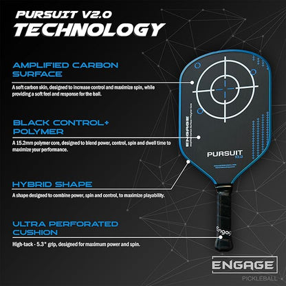 Engage Pursuit V2.0 Pickleball Paddle - Amplified Carbon Surface for Superior Control & Spin with Response+ Polymer Core, USAPA Approved - Designed for Players of Any Skill Level