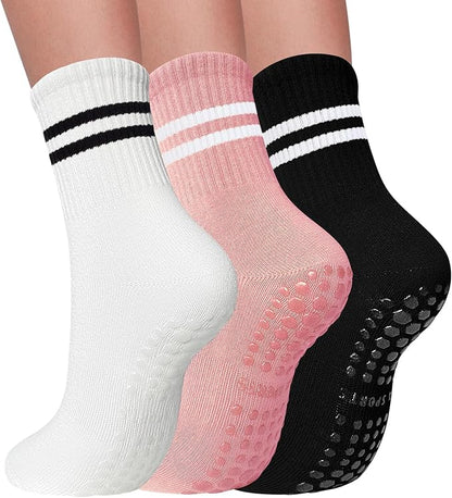 3 Pairs Pilates Socks with Grips for Women Non Slip Grip Socks for Yoga Barre Hospital Workout