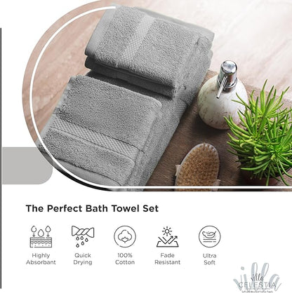 100% Cotton Bath Towel Set of 24-6 Bath Towels, 6 Hand Towels, 12 Wash Cloths, Sustainable, Soft, Highly Absorbent, Combed Cotton 24 Piece Set for Hotels, Spa, Bathroom, Dorm, Grey