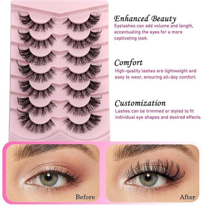 MIKIWI False Eyelashes Clear Band Fluffy Curly Eyelashes Soft and Lightweight Lashes 7 Pairs Wispy Lashes(GL10)