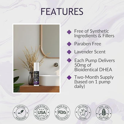 DHEA All Natural Bioidentical 50mg Dhea Cream, Two Month Supply, Dehydroepiandrosterone, Organic Fenugreek, Tribulus Terrestris, Maca Root and Hgw (Lavender)