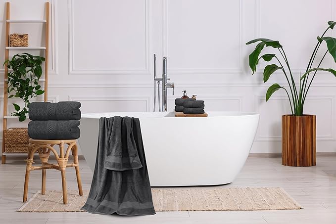 Oakias Premium Towel Set 600 GSM 8 Piece 100% Ring Spun Cotton Highly Absorbent Bath Towels Set - Super Soft Bathroom Towel Set - Hotel Quality Double Stitched Hem - Ideal for Hotels, Spa, Dark Grey