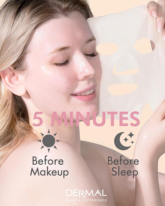 DERMAL Collagen Essence Facial Mask Sheet 23g Pack of 10 - Moisturizing & Firming, Anti Wrinkle, For Healthy Dewy Skin, Daily Skin Treatment Solution Sheet Mask