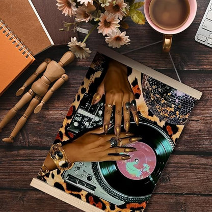 Funky Leopard Black Woman Vinyl Record Canvas Wall Art Poster, Trendy Musician CD Record Player Wall Decor Prints for Music Room Studio Home Apartment, 12x16 Inches