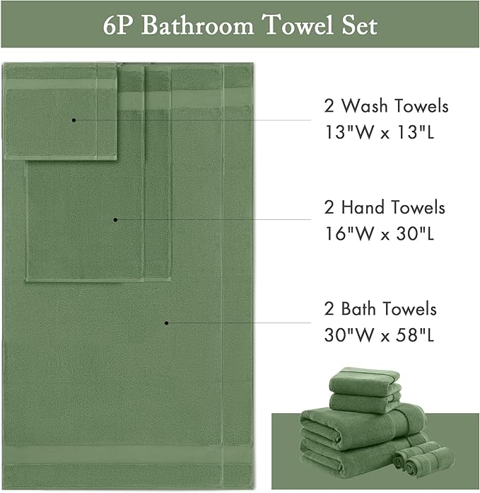 Madison Park Turkish Bath Towels 6pc, 2 Hand Towel for Bathroom, 2 Wash Towel, 2 Turkish Bath Towel Set, Luxury, 100% Cotton, Highly Absorbent & Quick Dry, Green