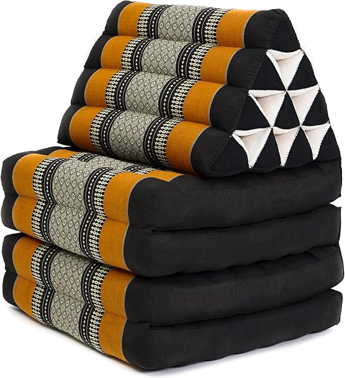 Leewadee Comfortable Japanese Floor Mattress - Thai Floor Bed with Triangle Cushion - Futon Mattress - XL Extra Long Thai Massage Mat, 89 x 20 inches, Black Orange, Kapok Filling