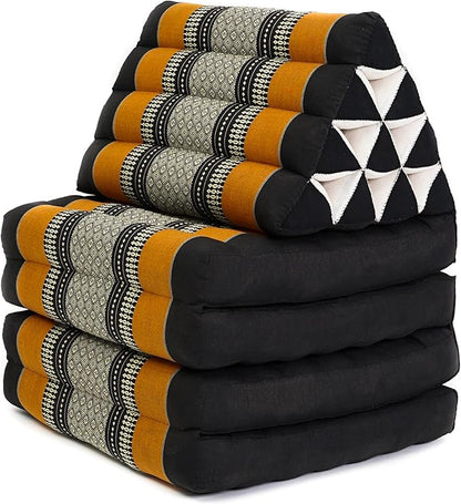 Leewadee Comfortable Japanese Floor Mattress - Thai Floor Bed with Triangle Cushion - Futon Mattress - XL Extra Long Thai Massage Mat, 89 x 20 inches, Black Orange, Kapok Filling