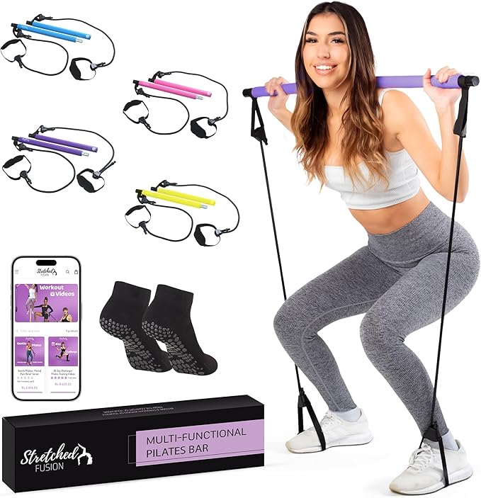 Pilates Bar Kit for Home Workouts | Portable Home Pilates Kit Set for Women & Men | Workout Bar for Legs, Hip, Waist and Arm | Includes Pilates Socks, 30-Day Challenge & Meal Plan