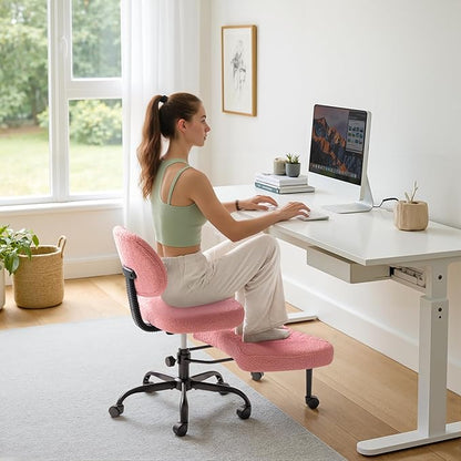Furmax Ergonomic Criss Cross Legged Office Chair with Wheels, 360°Swivel Adjustable Height Kneeling Desk Chair with Footrest for ADHD, Yoga, Meditation, Home Office (Teddy Fabric, Pink)