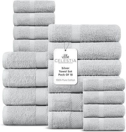 100% Cotton Bath Towel Set of 18-4 Bath Towels, 6 Hand Towels, 8 Wash Cloths, Sustainable, Soft, Highly Absorbent, Combed Cotton 18 Piece Set for Hotels, Spa, Bathroom, Dorm, Silver