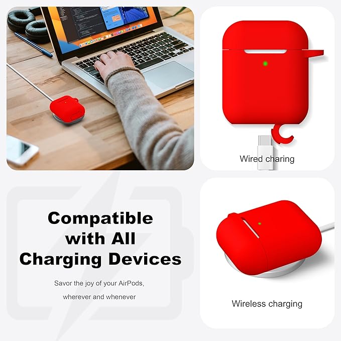 R-fun Compatible with AirPods Case Cover, Soft Silicone Protective Cover with Keychain for Women Men Compatible with Apple AirPods 2nd 1st Generation Charging Case, Front LED Visible,Red