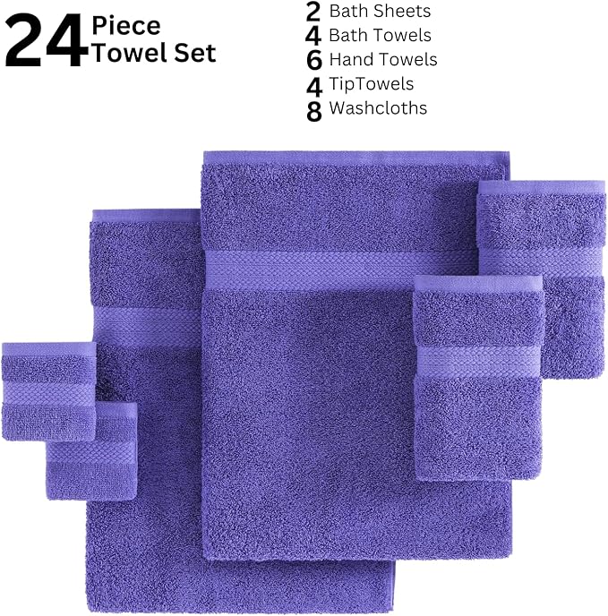 LANE LINEN 100% Cotton Bathroom Towels Set - 24 Pcs - Absorbent, Ideal for Guest, Spa & Daily Use - 2 Bath Sheets, 4 Bath, 6 Hand Towels, 8 Washcloth, 4 Fingertip - Ideal for Boys & Dorm - Blue Irish