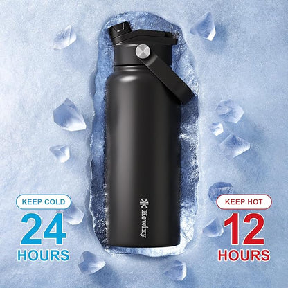 32 oz Insulated Water Bottle, 2-in-1 Lid, Straw & Spout with Protected, Leak Proof, Keep Cold, Stainless Steel, Metal, Reusable, Handle, for Outdoor, Gym and School, 2 Lids, Midnight Black
