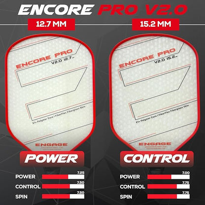 Engage Encore Pro V2.0 Pickleball Paddle – FiberFlex Fiberglass Face for Power & Spin, Available in Two Core Options (12.7mm for Power, 15.2mm for Control), Versatile Hybrid Shape