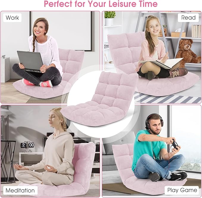 GORELAX Memory Foam Floor Chair, 14-Poistion Adjustable Floor Reading Gaming Chair Recliner, Folding Cushioned Meditation Chair with Back Support, Padded Lazy Sofa Chair for Adults, Kids (Light Pink)