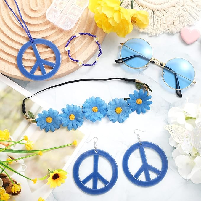Batiyeer 6 Pcs Hippie Costume Accessories Set, Boho Peace Sign Daisy Flower 60s 70s Party Favors Decor for Groovy Party Women