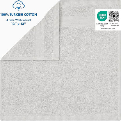 Cotton Paradise 100% Cotton Turkish Washcloth Set for Bathroom, 4 Piece Soft Absorbent Small Hand Face Towels Wash Rags, Silver Grey