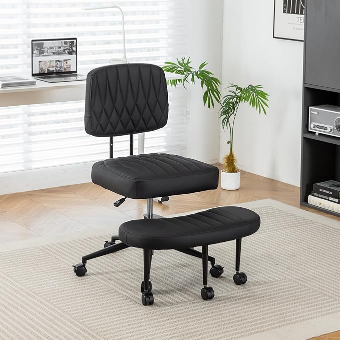 Ergonomic Cross Legged Office Chair with Wheels, Wide Seat and Backrest for Meditation, ADHD Cross Legged Office Chair with Adjustable Height, 360°Rotating Footrest for Yoga Home Office