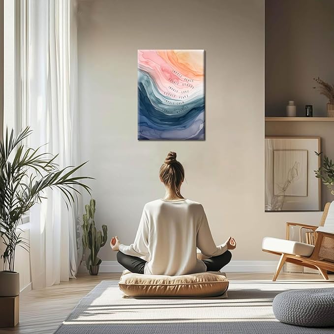 Mental Health Wall Art, Therapy Office Pictures Wall Decor, Inhale Exhale Meditation Art Paintings, Inspirational Canvas Prints, Therapist Artwork for Meditation Room Calming Corner, Framed 12x16 Inch