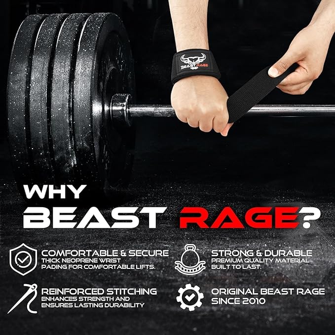 BEAST RAGE Lifting Wrist Straps for Weightlifting, Weight Lifting Straps Gym Grip Power Workouts Lifting Straps Padded Cotton Men Women Wrap Lift Deadlift Straps Hard Pull Exercise