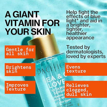 Pacifica Beauty Sea and C Love Vitamin C Serum, Skincare, Hyaluronic Acid, Green Tea, Marine Extracts, Blue Light Protection, Brightening, Lightweight, Face Care, Skin Care Serum, 1 fl oz (1 Count)