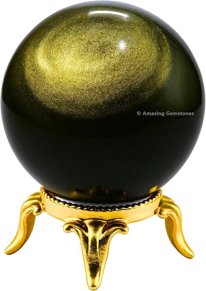 Amazing Gemstone Golden Sheen Obsidian Crystal Ball with Stand - 2 Inches Crystal Sphere Meditation Balls for Witchcraft and Decorative Balls