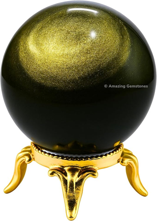 Amazing Gemstone Golden Sheen Obsidian Crystal Ball with Stand - 2 Inches Crystal Sphere Meditation Balls for Witchcraft and Decorative Balls