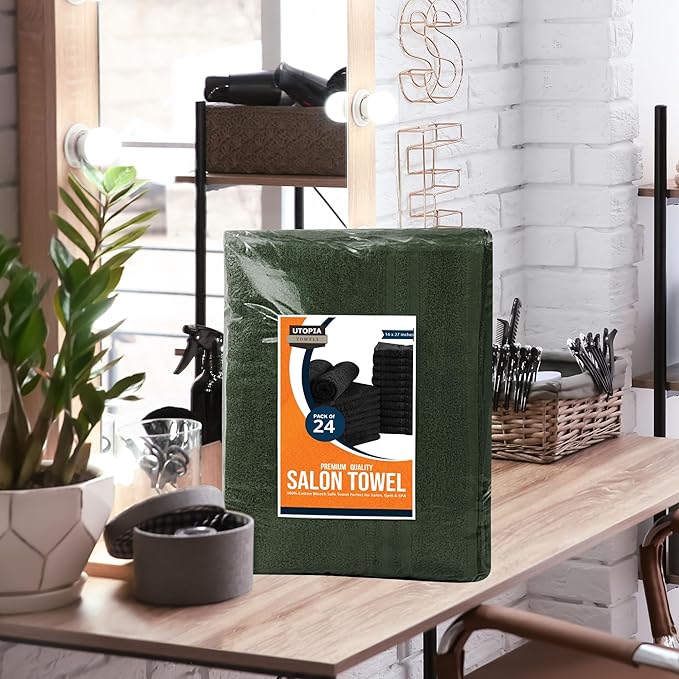 Utopia Towels Cotton Bleach Proof Salon Towel 16 by 27 inches, Bleach Safe Gym 100% Cotton Hand Towel, 24 Pack, Forest Green
