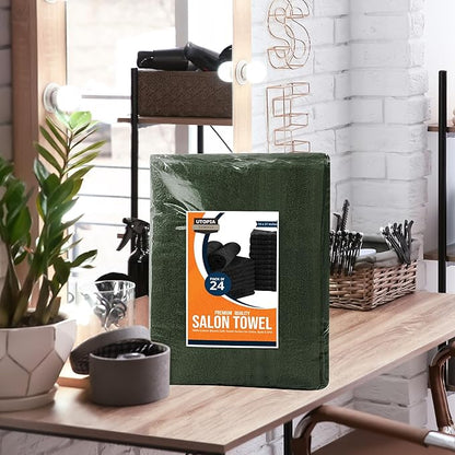 Utopia Towels Cotton Bleach Proof Salon Towel 16 by 27 inches, Bleach Safe Gym 100% Cotton Hand Towel, 24 Pack, Forest Green