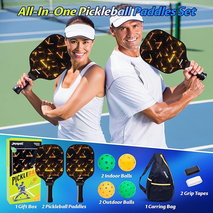 Pickleball Paddles Set of 2, Fiberglass Pickle Ball Rackets, Lightweight Paddle Set Includes 4 Outdoor Indoor Balls, 2 Grip Tapes & Carry Bag, Oversized Sweet Spot for Men, Women, Adult, Teenager