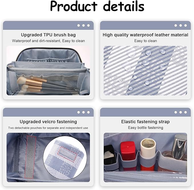 BOYATU Travel Makeup Bag Organizer Cosmetic Bag: 3 Pcs Set Make up Bags for Women with Handle - Waterproof Vegan Leather Toiletry Bags Travel Essentials Pouch with Compartments (F-05-Blue)