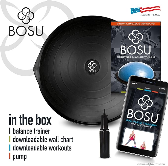 Bosu Balance Ball Exercise Trainer, Home Gym Equipment w/ Guided Workouts & Pump, 26", Blue - Inflatable Fitness Platform for Strength Training, Standing, Balancing, and Core Workout