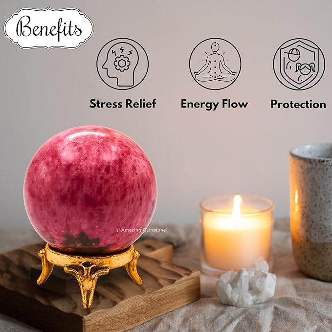 Amazing Gemstone Rhodonite Crystal Ball with Stand - 2 Inches Crystal Sphere Meditation Balls for Witchcraft and Decorative Balls