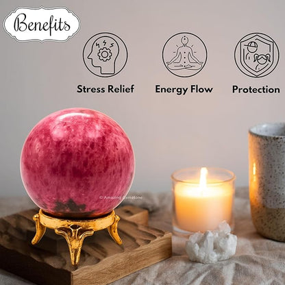 Amazing Gemstone Rhodonite Crystal Ball with Stand - 2 Inches Crystal Sphere Meditation Balls for Witchcraft and Decorative Balls