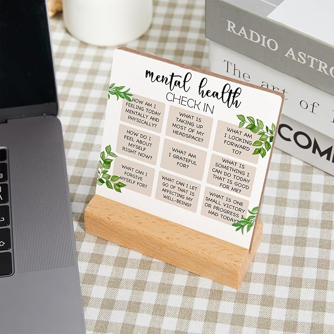 Mental Health Inspirational Gift, Positive Self Affirmations Wooden Sign, Mental Health Check in Wood Sign with Wooden Stand, Cheer Up Gifts for Psychologist School Counselor Student Boy Girl
