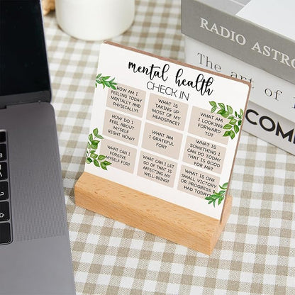 Mental Health Inspirational Gift, Positive Self Affirmations Wooden Sign, Mental Health Check in Wood Sign with Wooden Stand, Cheer Up Gifts for Psychologist School Counselor Student Boy Girl