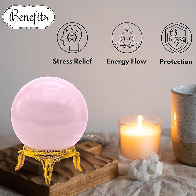 Amazing Gemstone Pink Calcite Crystal Ball with Stand - 2 Inches Crystal Sphere Meditation Balls for Witchcraft and Decorative Balls