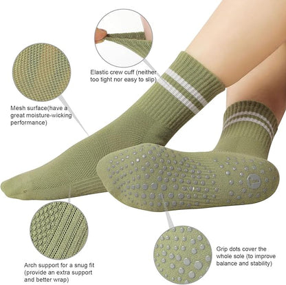 Toes Home Pilates Socks for Women with Non Slip Grippers, Yoga Crew Socks for Barre Hospital Sticky Slipper Socks 4 Pairs