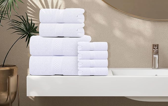 Oakias Premium Towel Set 600 GSM 8 Piece White - 100% Ring Spun Cotton Highly Absorbent Towels Set - Super Soft Bathroom Towel Set - Hotel Quality Double Stitched Hem - Ideal for Hotels, Spa, Gyms