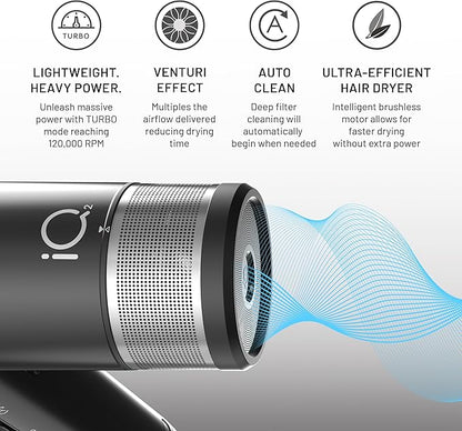 GA.MA iQ2 Perfetto Hair Dryer with 120,000 RPM Intelligent Turbo Motor, Auto-Standby, Oxy Active Technology, Includes 10 Filters, Black