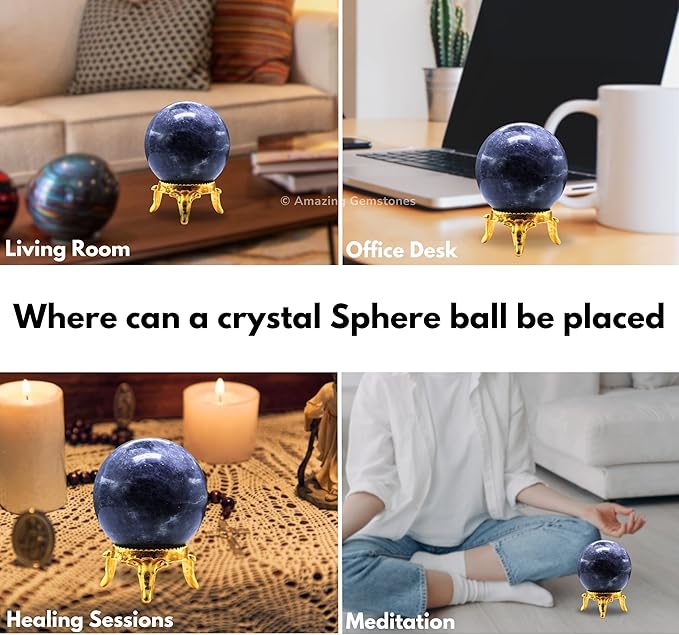 Amazing Gemstone Iolite Crystal Ball with Stand - 2 Inches Crystal Sphere Meditation Balls for Witchcraft and Decorative Balls