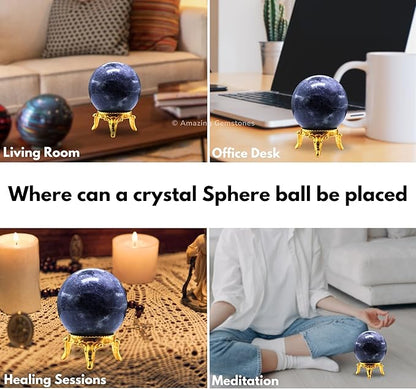 Amazing Gemstone Iolite Crystal Ball with Stand - 2 Inches Crystal Sphere Meditation Balls for Witchcraft and Decorative Balls