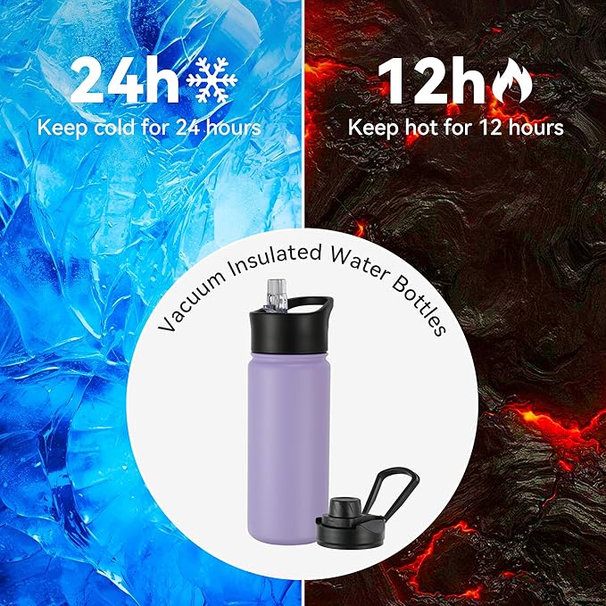 16 oz Insulated Water Bottle with Straw Lids, Stainless Steel Kids Water Bottles for School, Double Wall Vacuum Metal Water Bottle with Straw & Wide Mouth Lid, Lavender 1 Pack