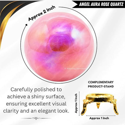 Amazing Gemstone Angel Aura Rose Quartz Crystal Ball with Stand - 2" Inches Crystal Sphere Meditation Balls for Witchcraft and Decorative Balls