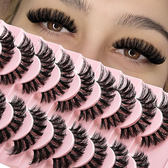 Lashes False Wispy Eyelashes Volume Cat Eye Lash Strips Fake Mink Eyelash Pack Natural Look 8-16mm Fluffy Full Strip Lashes Set Clear Band Easy Eyelashes for Beginners with Cluster Looking