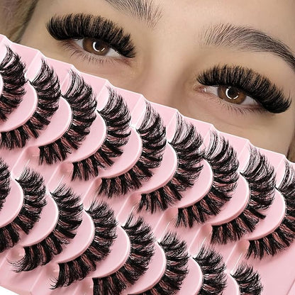 Lashes False Wispy Eyelashes Volume Cat Eye Lash Strips Fake Mink Eyelash Pack Natural Look 8-16mm Fluffy Full Strip Lashes Set Clear Band Easy Eyelashes for Beginners with Cluster Looking